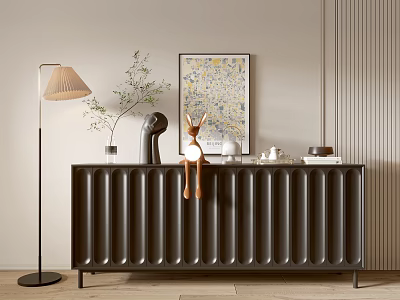 Modern Entryway Sideboard Cabinet With Striped Design Deer Figurine Vase Wall Art And Floor Lamp 3d model
