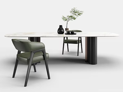 Modern Marble Top Dining Table With Black Legs Green Chairs And Black Vase Green Plant 3d model