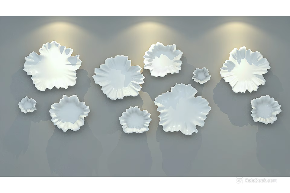 White Flower Shaped 3D Wall Decor Arranged On Gray Wall With Lighting 3d model
