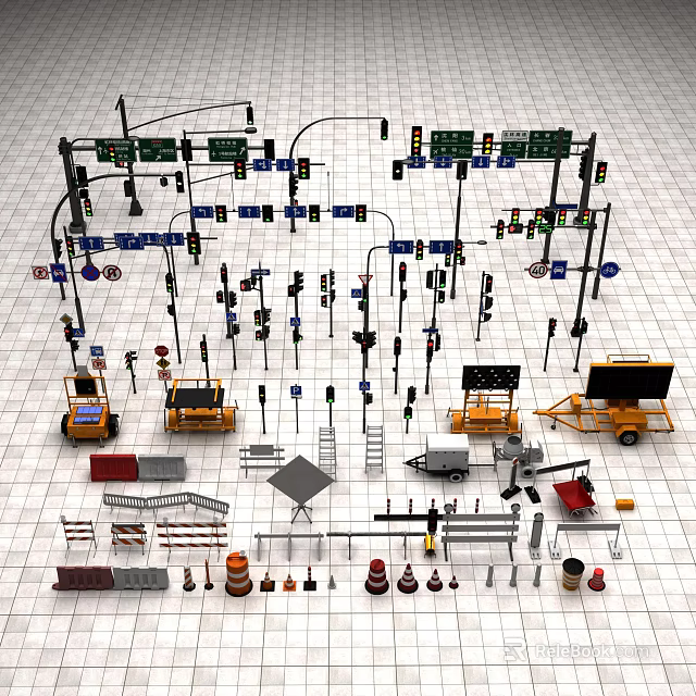 Road Infrastructure Elements Collection With Traffic Lights Road Signs Guardrails Construction Equipment And Traffic Cones 3d model 