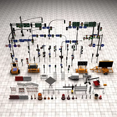 Road Infrastructure Elements Collection With Traffic Lights Road Signs Guardrails Construction Equipment And Traffic Cones 3d model