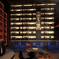 Modern Bar With Red Staircase Black Sofas Round Pendant Lights Circular Wall And Large Window