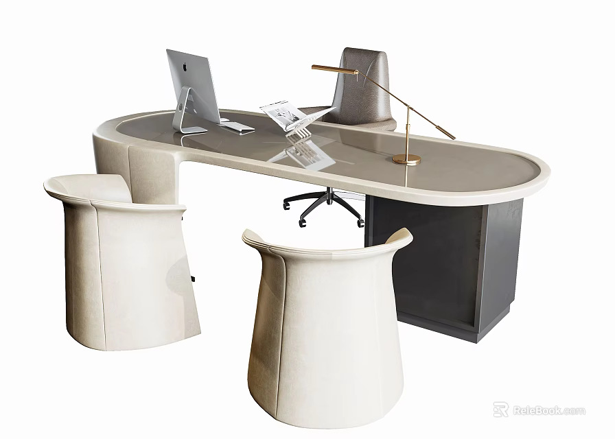 Modern Curved Office Desk With Laptop Desk Lamp And Two Upholstered Chairs 3d model 