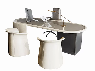 Modern Curved Office Desk With Laptop Desk Lamp And Two Upholstered Chairs 3d model