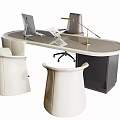 Modern Curved Office Desk With Laptop Desk Lamp And Two Upholstered Chairs