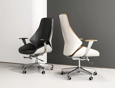 Modern Black And White Office Chairs With Metal Frame And Rolling Wheels 3d model