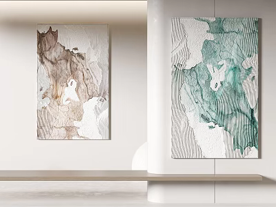 Abstract Paintings With Brown Green White Tones On White Wall And Wooden Shelf 3d model