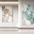 Abstract Paintings With Brown Green White Tones On White Wall And Wooden Shelf
