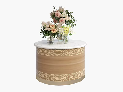 Round Light Brown Decorative Cabinet With White Marble Top Geometric Patterns And Floral Bouquets 3d model