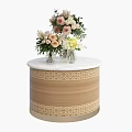 Round Light Brown Decorative Cabinet With White Marble Top Geometric Patterns And Floral Bouquets