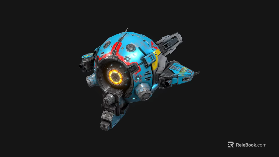 Futuristic Blue Mechanical Sphere Robot With Red Yellow Accents And Mechanical Arms 3d model 