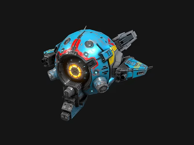Futuristic Blue Mechanical Sphere Robot With Red Yellow Accents And Mechanical Arms 3d model