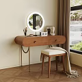 Elegant Wooden Dressing Table with Round Mirror Stool and Blanket by Window 3d model