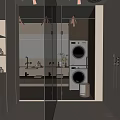 Modern Bathroom Interior With Glass Door Stacked Washer Dryer Mirror And Vanity Lighting