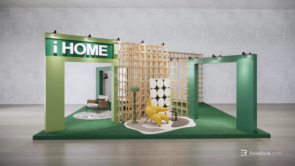 i HOME Exhibition Booth Design With Green Structure Wooden Lattice Yellow Chair And Grass Floor 3d model 