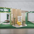 i HOME Exhibition Booth Design With Green Structure Wooden Lattice Yellow Chair And Grass Floor