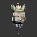 Cartoon Floating Island Scene With Small Wooden House Green Trees Red Decorations And Grassy Top