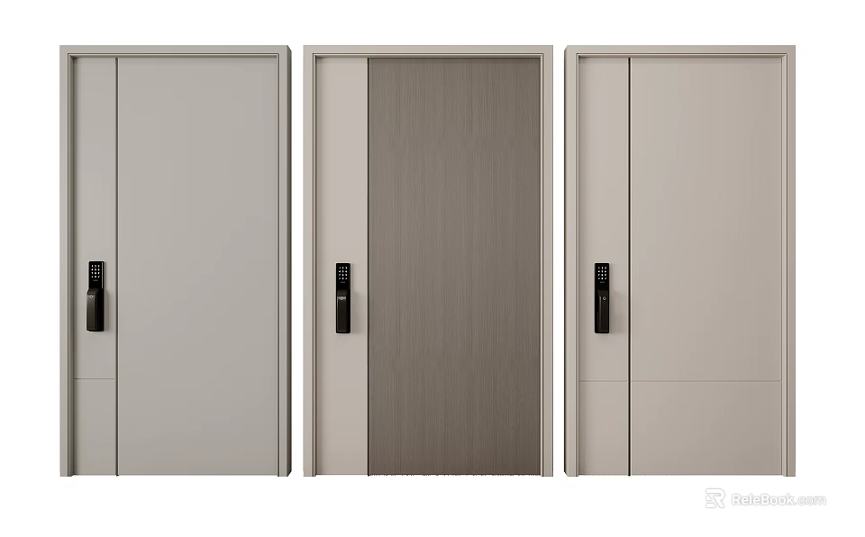 Modern Flush Doors Featuring Different Panel Styles And Black Handles For Home Interior 3d model