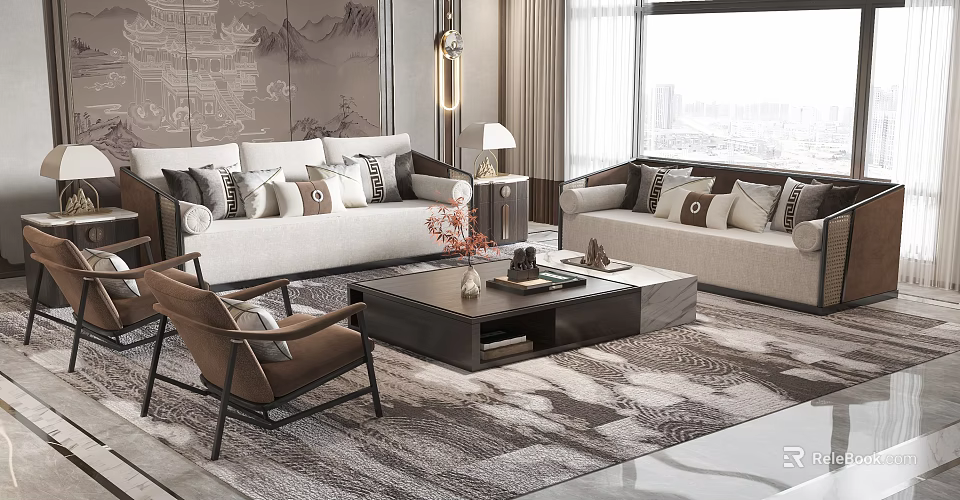 Elegant Modern Sofa And Coffee Table Set With Decorative Pillows Area Rug And Side Table 3d model