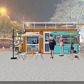 Night Outdoor Colorful Food Stalls with People Gathering Near Trees and Buildings