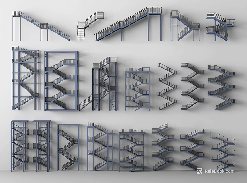 Various Staircase Designs Featuring Different Architectural And Structural Elements 3d model