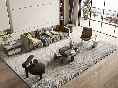 Elegant Modern Sofa and Coffee Table Set with Gray Upholstery Area Rug and Accent Chair 3d model
