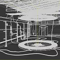 Cartoon Industrial Scene with Circular Platform Device Cables Pipes Rough Concrete Walls and Green Door