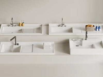 White Wall Mounted Bathroom Washbasins With Chrome Faucets And Accessories 3d model