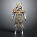 Mythical Warrior Character in Ornate Gold and Silver Armor with Intricate Designs and Crowned Head