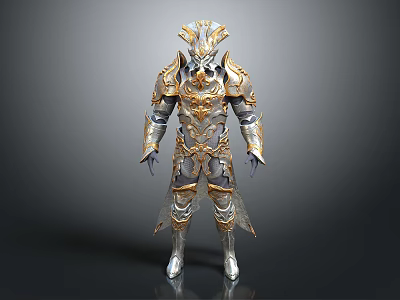 Mythical Warrior Character in Ornate Gold and Silver Armor with Intricate Designs and Crowned Head 3d model