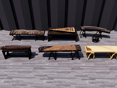 Multiple Chinese Zithers Musical Instruments With Different Designs On Wooden Floor And Dark Striped Background 3d model