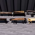 Multiple Chinese Zithers Musical Instruments With Different Designs On Wooden Floor And Dark Striped Background