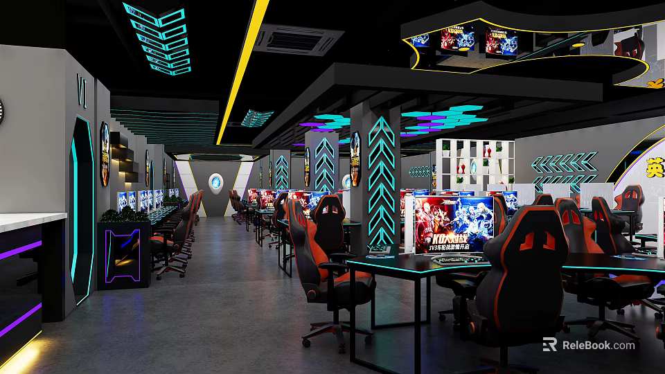 Modern Internet Cafe Interior With Neon Lights Gaming Chairs And Computer Displays 3d model 