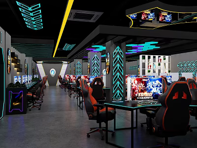 Modern Internet Cafe Interior With Neon Lights Gaming Chairs And Computer Displays 3d model