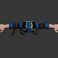 3D Character In Blue Yellow Outfit With Protective Gear Cap Gun And Outstretched Arms
