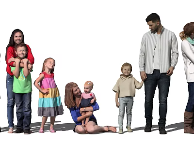 Group of People Including Adults and Children Standing and Sitting Together 3d model