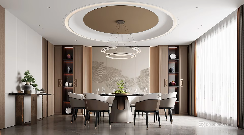 Modern Private Dining Room With Round Table Pendant Lights Decorative Cabinets And Wavy Wall 3d model 