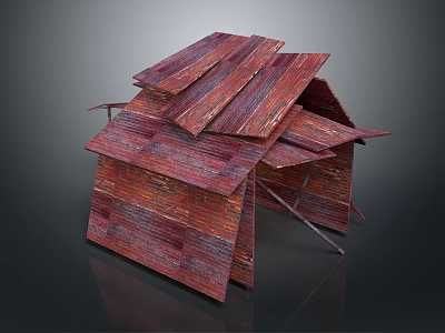 Abstract Wooden Structure With Red Layered Planks And Irregular Roof Design 3d model