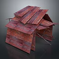 Abstract Wooden Structure With Red Layered Planks And Irregular Roof Design
