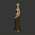 Elegant Woman With Blonde Hair Wearing Green Long Dress And Decorative Jewelry Standing Pose
