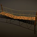 Rustic Suspension Bridge Structure With Wooden Posts Ropes And Plank Deck