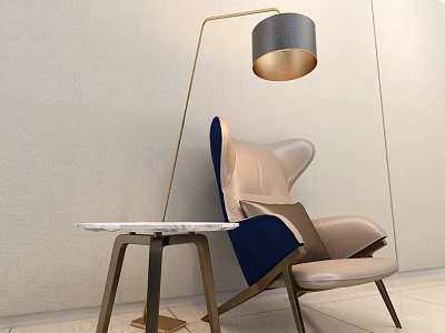 Modern Beige and Blue Accent Chair with Marble Top Side Table and Floor Lamp 3d model