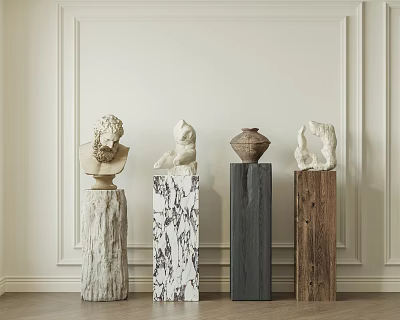 Classical Carved Sculptures Displayed On Pedestals With Marble Wooden Stone And Stump Bases 3d model