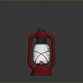 Red Kerosene Lamp With Metal Frame Glass Shade And Handle On Gray Background