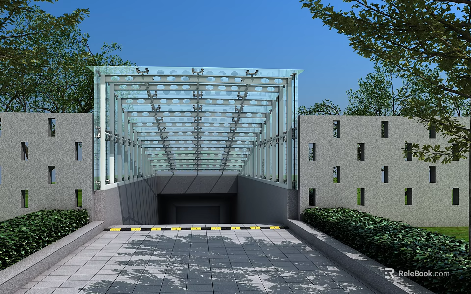 Glass Roof Entrance With Gray Walls Small Windows Warning Stripes Green Shrubs And Blue Sky 3d model 