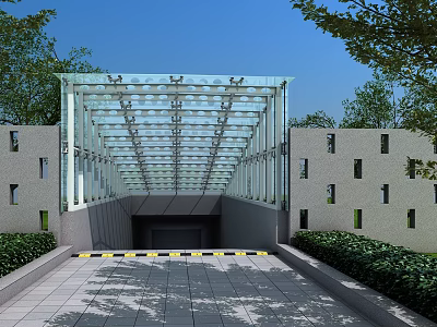 Glass Roof Entrance With Gray Walls Small Windows Warning Stripes Green Shrubs And Blue Sky 3d model