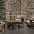 Natural Wooden Leisure Sofa Set With Green Plant Coffee Table And Brick Wall