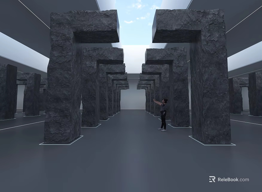Symmetrical Gray Stone Pillars Art Installation With Person Interacting In Modern Gallery Space 3d model 