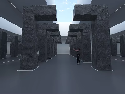 Symmetrical Gray Stone Pillars Art Installation With Person Interacting In Modern Gallery Space 3d model