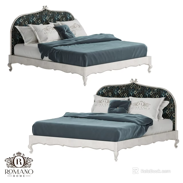 Elegant European Style Double Bed With White Frame Blue Sheets And Patterned Headboard 3d model 